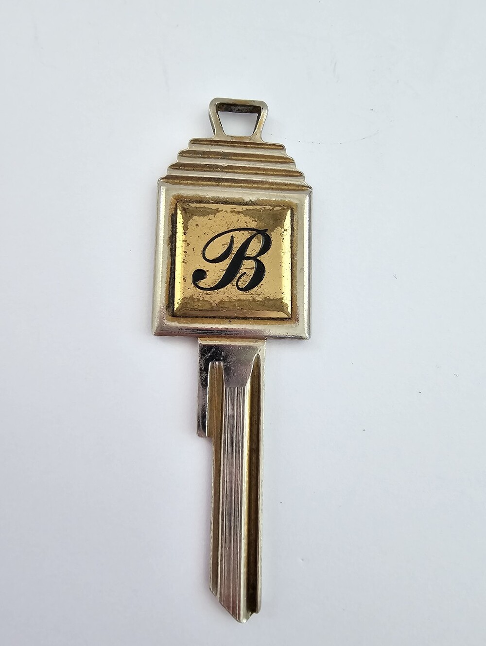 Vintage 24K Gold Plated Ford Key Blank Script Initial B Uncut Vanity Keychain